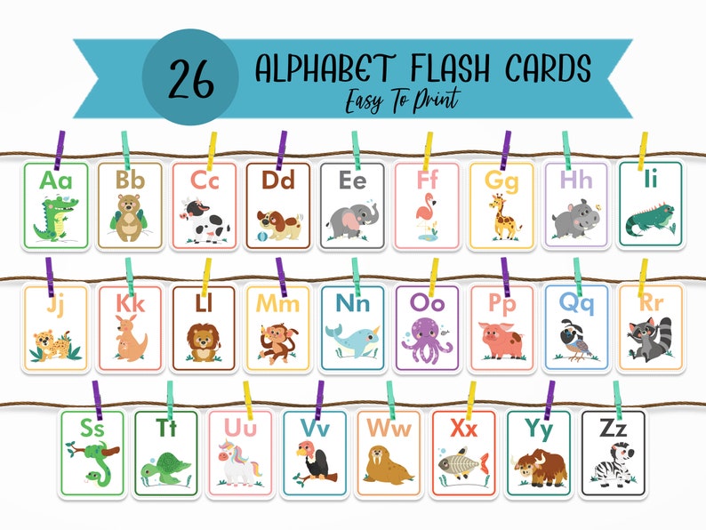 26 Printable Animal Alphabet Flash Cards, Classroom Decor, Toddlers Preschool Early Learning Resource, Nursery Decor, Digital Download image 1