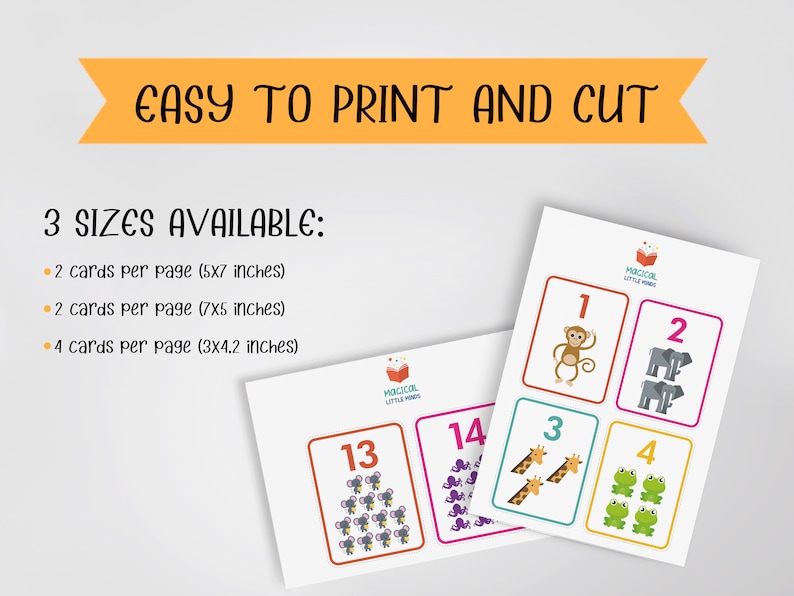 May include: Printable number cards featuring colorful illustrations of animals. The cards are available in three sizes: 2 cards per page (5x7 inches), 2 cards per page (7x5 inches), and 4 cards per page (3x4.2 inches).