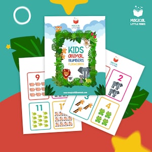 May include: A set of colorful flashcards featuring animal illustrations and numbers. The flashcards are designed for kids to learn animal names and numbers. The title of the set is "Kids Animal Numbers Flashcards".