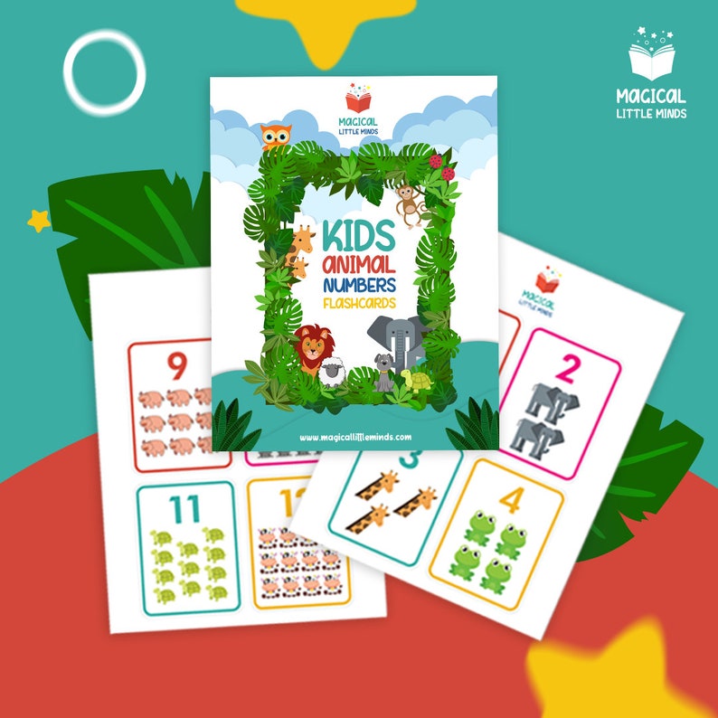 May include: A set of colorful flashcards featuring animal illustrations and numbers. The flashcards are designed for kids to learn animal names and numbers. The title of the set is "Kids Animal Numbers Flashcards".
