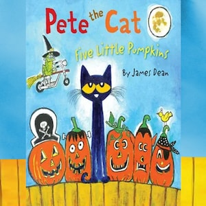 Puede incluir: Una portada de libro con Pete the Cat en un disfraz de Halloween azul con cinco pequeñas calabazas. El título del libro es "Pete the Cat: Five Little Pumpkins" de James Dean.