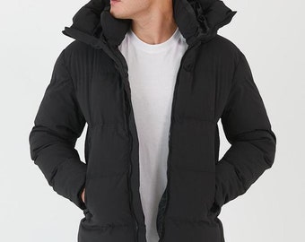 mens black puffer jacket with fur hood