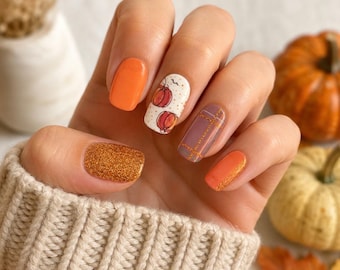 Fall Colors and Pumpkins Nail Wraps, 100% Nail Polish Strips, Nail Stickers.