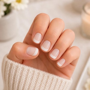May include: A hand with a classic French manicure featuring a sheer, light pink base color and crisp, opaque white tips on each fingernail. The hand is partially covered by the sleeve of a beige, ribbed knit sweater with a textured pattern.