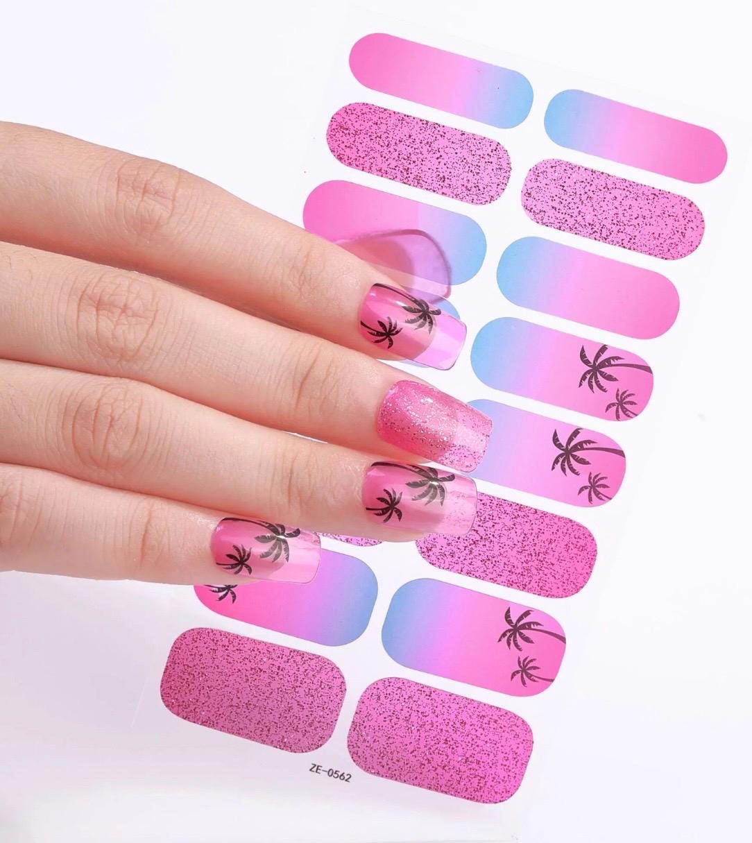 Malibu Nights Nail Polish Stickers: Pink Ombre Palm Tree Nail Wraps