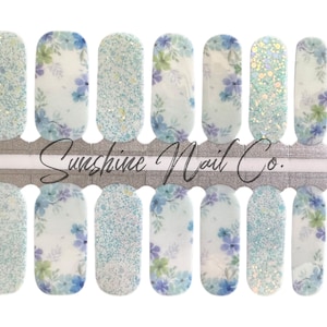 Floral and Aqua Glitter Nail Wraps, 100% Nail Polish Stickers, Non-Toxic Nail Strips