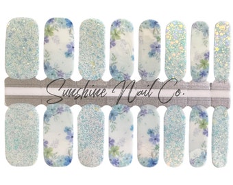 Floral and Aqua Glitter Nail Wraps, 100% Nail Polish Stickers, Non-Toxic Nail Strips