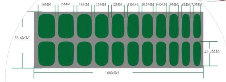 May include: A grey rectangular tray with 16 oval-shaped compartments. The compartments are filled with a dark green substance. The tray measures 160 mm by 53.6 mm and each compartment is a different size, ranging from 7.3 mm to 16 mm.