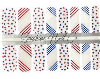 Transparent Stars and Stripes Patriotic 4th of July Nail Wraps, 100% Nail Polish Stickers, Non-Toxic Nail Strips