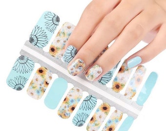 Sunflower & Aqua Nail Wraps, 100% Nail Polish Stickers, Non-Toxic Nail Strips