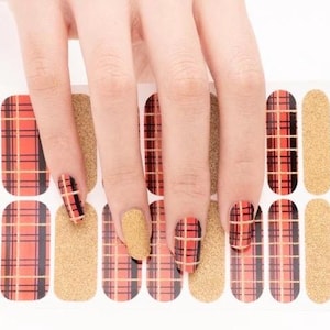Fall Plaid and Gold Glitter- FOR WIDER NAILS - Nail Wraps, 100% Nail Polish Stickers, Non-Toxic Nail Strips
