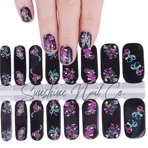 Black Floral Nail Wraps, 100% Nail Polish Strips, Nail Stickers.