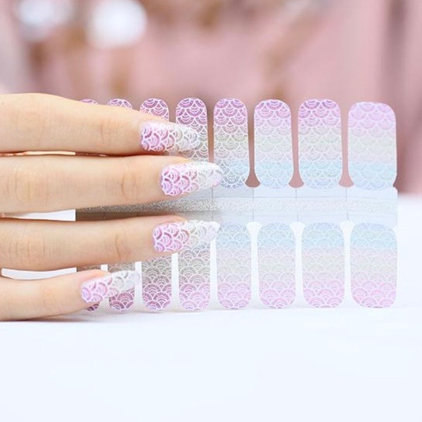 Scallop Pastel Mermaid Ombre Glitter Nail Wraps, 100% Nail Polish Stickers, Non-Toxic Nail Strips.