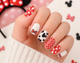 KIDS Polka dots and bows Mouse Nail Wraps, 100% Nail Polish Stickers, Non-Toxic Nail Strips.