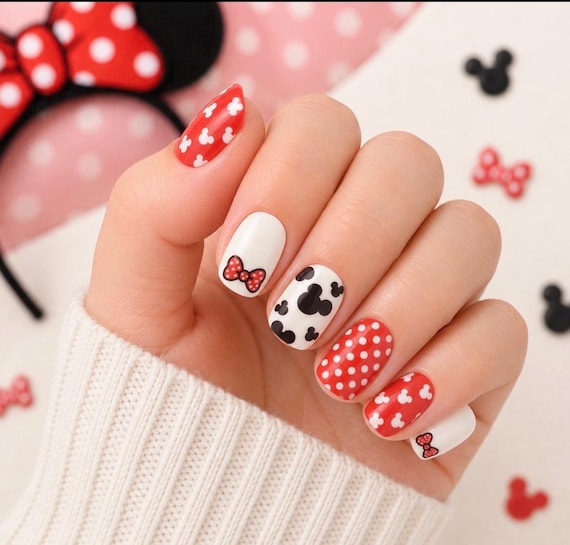 KIDS Polka dots and bows Mouse Nail Wraps, 100% Nail Polish Stickers, Non-Toxic Nail Strips.