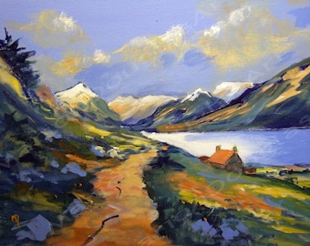 May include: A painting of a landscape with a small cottage nestled on a hillside overlooking a lake. The lake is surrounded by snow-capped mountains and a blue sky with white clouds. A winding path leads up to the cottage.