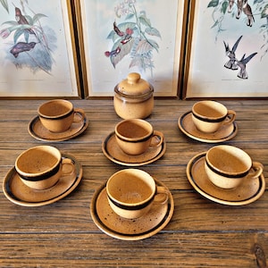 Sarreguemines Burgundy stoneware tableware: 6 cups and saucers + speckled stoneware sugar bowl · Primitive · Vintage French · Cottage Core