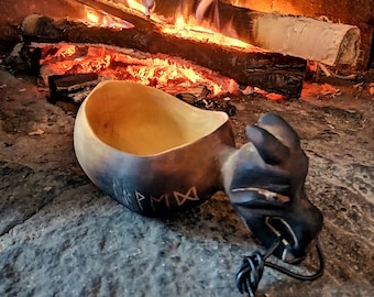 Kuksa - Viking Mug - Wooden Coffee Mug - Nordic Runes & Dragon Handle - Norse Pagan Cup | Witaberget