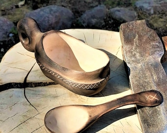 Birch Kuksa and Spoon Set - Bushcraft Gear -  Wooden Coffee Cup - Handmade Camping Mug | Witaberget