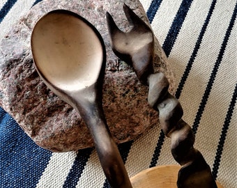 2-set wooden fork/ spoon, Holz Löffel/ Gabel set,for kuksa,outdoor cooking from untreated north swedish birch wood hand carved by WitaBerget