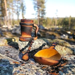 Kuksa wooden spoon beer mug handmade viking gift set in nordic birch bushcraft soup bowl camping gear medieval style tableware by Witaberget