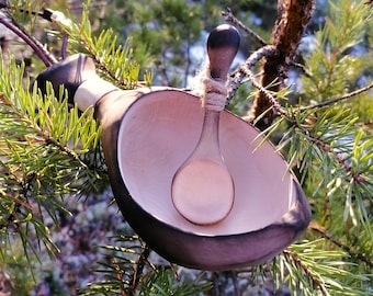 Hand Carved Kuksa Set: Birch Wood Coffee Cup with Reindeer Horn Inlay