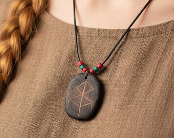 Viking Jewelry for Women - Wooden Necklace Nordic Runes Handmade Birch Pendant Leather Cord | Witaberget