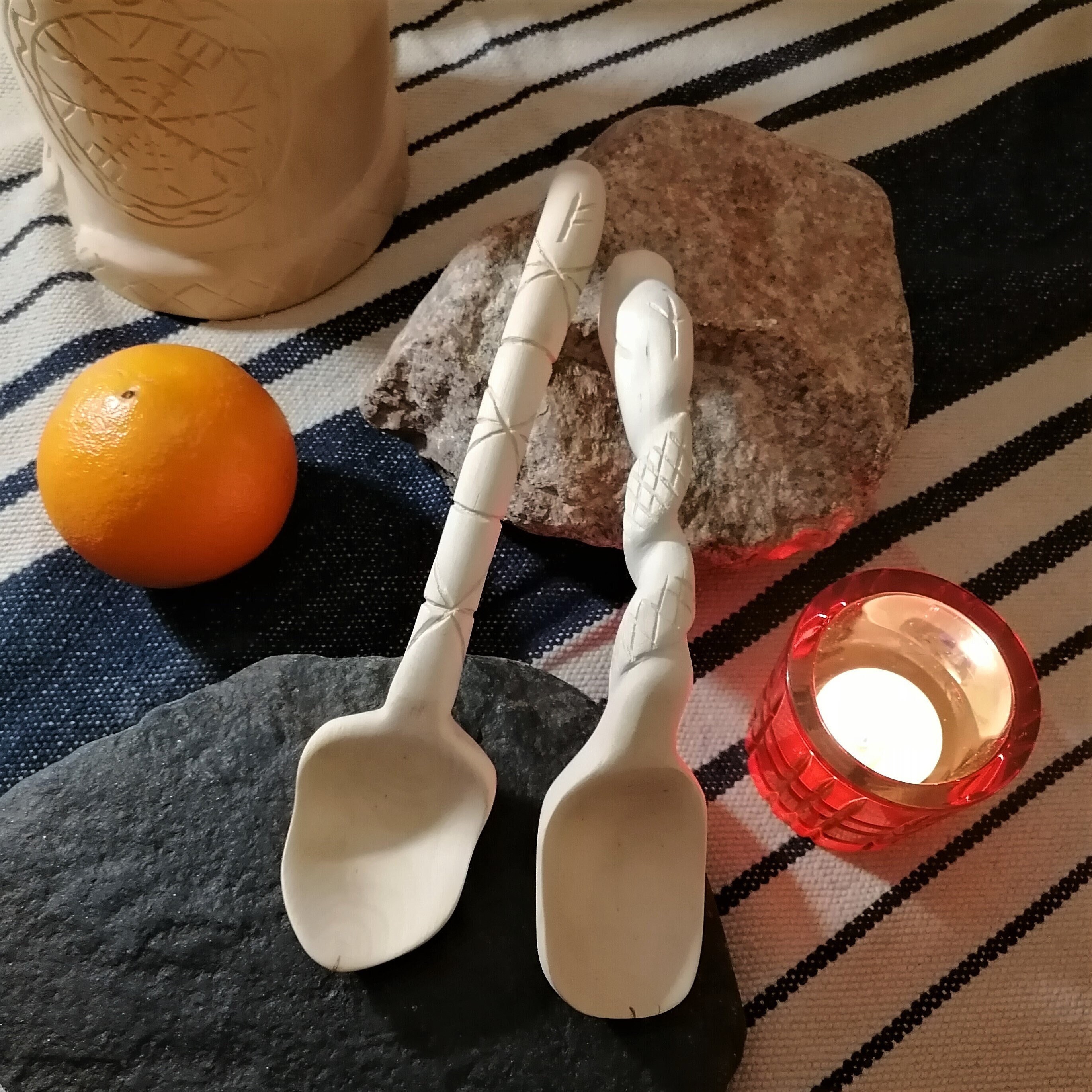 2 set spoons for kuksa and outdoor cooking carved with runes.The spoon is made from untreated north swedish birch wood carved by WitaBerget