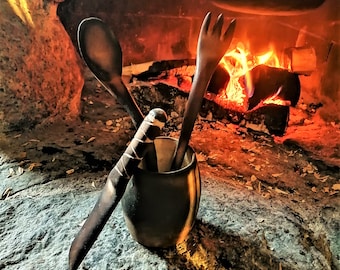 wooden cutlery 4-set for bushcraft, home, consisting of fork, spoon, butter knife in mug hand carved in swedish birch by Witaberget/Sweden