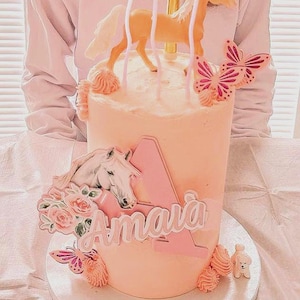 Horse with floral detai initial & name cake topper