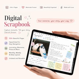 May include: A digital scrapbook displayed on a tablet screen featuring a profile page for two budgies. The interface includes text, icons, and a photo of two birds. The surrounding text highlights features like 550+ pages, hyperlinked navigation, and undated layouts for journaling and photos.