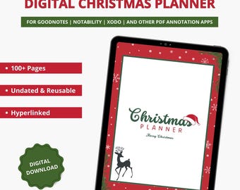 Puede incluir: Un planificador navideño digital que se muestra en una tableta. El planificador presenta un borde rojo con copos de nieve y una silueta de reno. El texto incluye "Digital Christmas Planner", "100+ Pages" y "Digital Download".