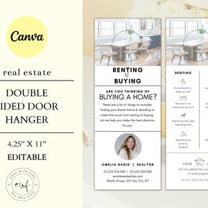 May include: A double-sided door hanger with a white background and black text. The front side features the text "Renting vs Buying" and the question "Are you thinking of buying a home?" The back side features a comparison of renting vs buying a home with icons and text. The text includes "No yardwork to keep up with", "Minimal to no investment up front", "Fees & stricter rules regarding pets", "Maintenance done by landlord", "Yard maintenance required", "Down payment & more upfront costs", "No additional pet fees involved", "More upkeep with repairs & maintenance". The bottom of the hanger features the name "Amelia Hadid | Realtor" and contact information.
