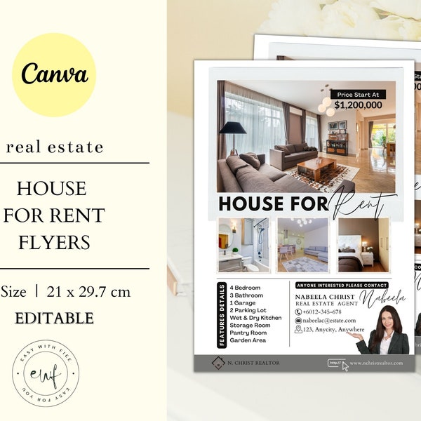 Real Estate Flyer Template, Just Listed Flyer, House For Rent, Real Estate Marketing, Realtor Marketing, Customizable Canva, Realtor Flyer