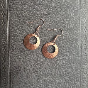 Hammered Copper Earrings Handmade Beveled Circular Hoop Dangle Lightweight Artisan Jewelry