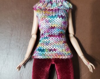 Multicolor turtleneck sweater and velour leggings for Poppy Parker, 12" Integrity dolls, Barbies