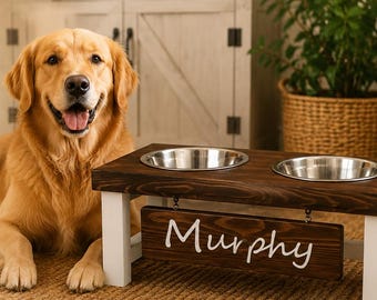 Personalized Elevated Dog Bowl Stand, Raised Dog Feeder, Custom Dog Bowl Holder, Rustic Farmhouse Dog Feeding Station, Wooden Pet Bowls