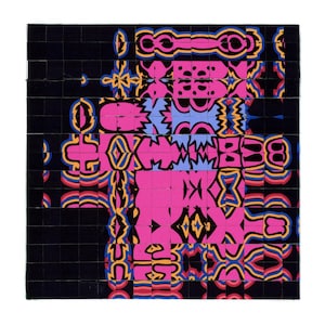 May include: Abstract artwork composed of small, square tiles. The design features a vibrant mix of colors, including pink, blue, yellow, and black. The overall pattern is geometric and intricate, creating a visually complex composition.