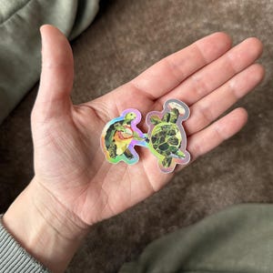 May include: Two holographic stickers of cartoon turtles. One turtle is playing a guitar, and the other is holding a microphone. The stickers have a shiny, iridescent finish and are held in a hand.