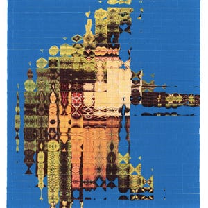 May include: Abstract artwork composed of small, colorful squares. The image features a central figure with warm tones of yellow, orange, and brown, contrasted by a vibrant blue background. The design has a mosaic-like appearance.