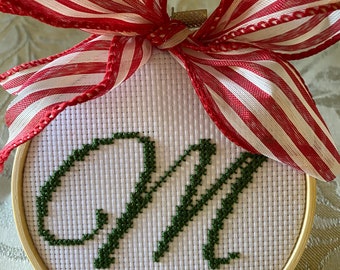 Farmhouse Christmas Monogram Ornaments - Cross Stitched Green on White
