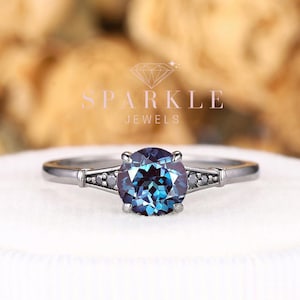 Gothic Black Gold Round Alexandrite Engagement Ring, Unique Solitaire Minimalist Wedding Ring Rhodium Black Anniversary Promise Ring For Her