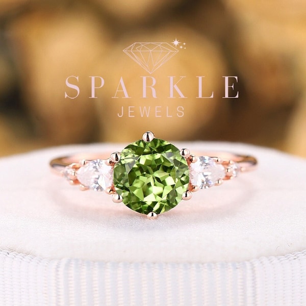 Vintage Round Cut Peridot Engagement Ring, Unique Peridot Wedding Ring, Art Deco 14K Rose Gold Sterling Silver Promise Ring Gift For Women