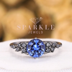 Vintage Black Gold Finish Round Cornflower Blue Sapphire Engagement Ring, Black Moissanite Wedding Ring ,Unique Rhodium Black Promise Ring