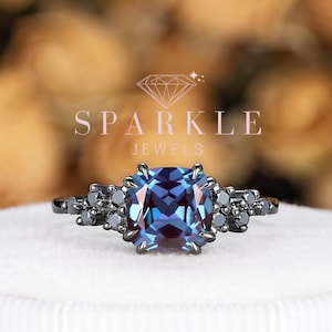 Gothic Cushion Cut Alexandrite Black Gold Engagement Ring Vintage Cluster Alexandrite Promise Wedding Ring June Birthstone Ring Gift For Her