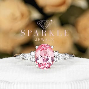 Vintage Oval Cut Padparadscha Pink Sapphire Engagement Ring, Unique White Gold Wedding Ring, Promise Ring Anniversary Gift for Women Girl