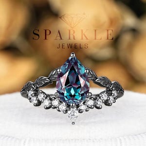Vintage Black Gold Pear Cut Alexandrite Leaf Engagement Ring, Gothic Split Shank Alexandrite Wedding Ring, Rhodium Promise Anniversary Gift