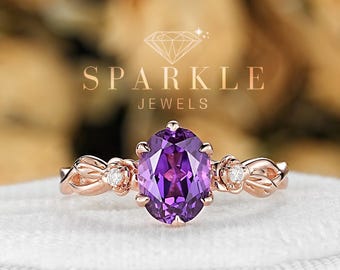 Vintage Oval Cut Violet Purple Sapphire Floral Wedding Ring, Rose Gold Sapphire Halo Engagement Ring Unique Promise Anniversary Ring Gift