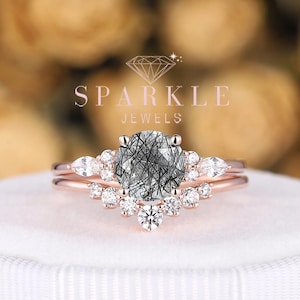 Vintage Round Cut Black Rutilated Quartz Engagement Ring Set, Unique Wedding Ring, Rose Gold Promise Ring Bridal Set for Women Gift for Girl