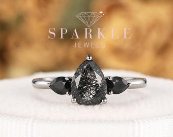 Vintage Pear Black Rutilated Quartz Ring, Onyx Accent 14K White Gold Ring, Wedding Engagement Anniversary Gift Promise Women Custom Jewelry